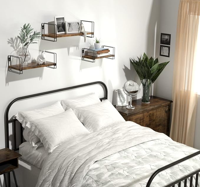 Torched Wood Floating Shelves with Black Wire Metal Frames, Set of 3 Wall Mounted Racks-Zinamarket