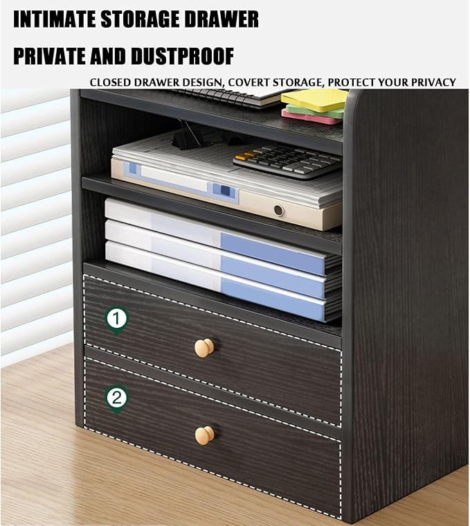4-Tier Desktop Storage Organiser Shelf with File Drawers & Guardrails - Nero Black-Zinamarket