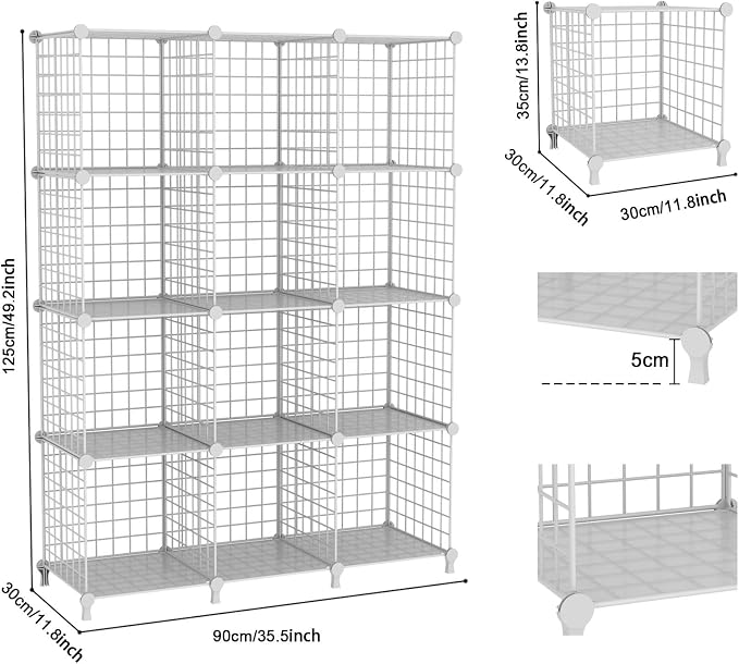 12-Cube Modular Metal Grid Storage Unit, DIY Stackable Wire Bookcase - White-Zinamarket