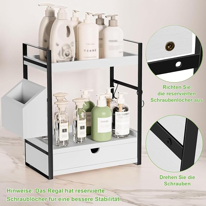 2-Tier Bathroom Countertop Organiser with Storage Drawer, Side Basket & Hooks - White-Zinamarket