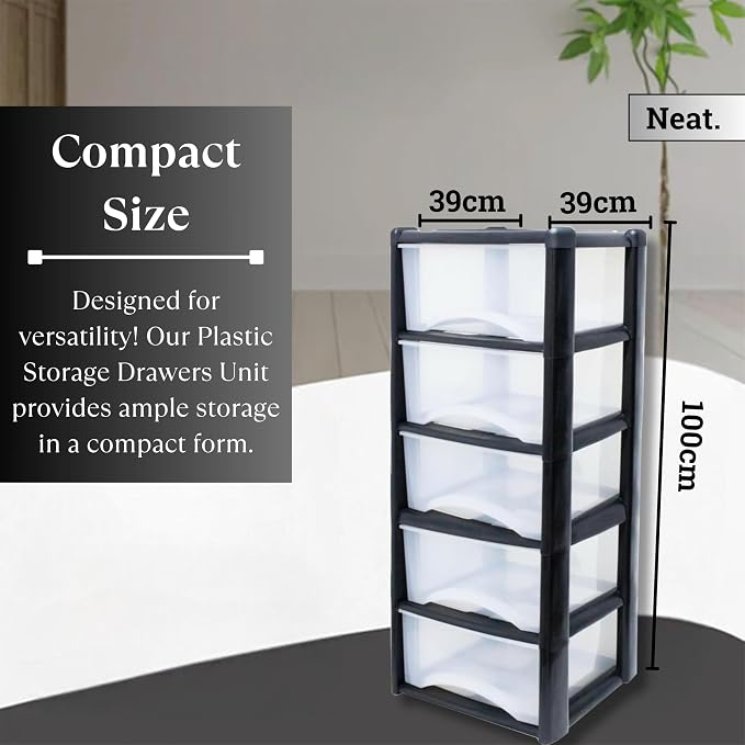 5-Tier Plastic Storage Drawer Tower with Clear Drawers, 100x39x39cm - Black & Clear-Zinamarket