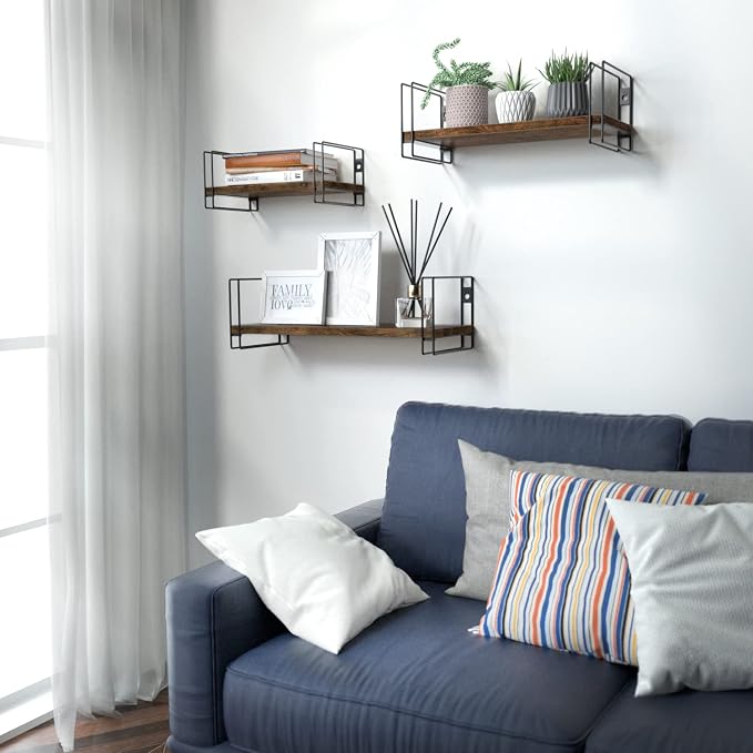 Torched Wood Floating Shelves with Black Wire Metal Frames, Set of 3 Wall Mounted Racks-Zinamarket