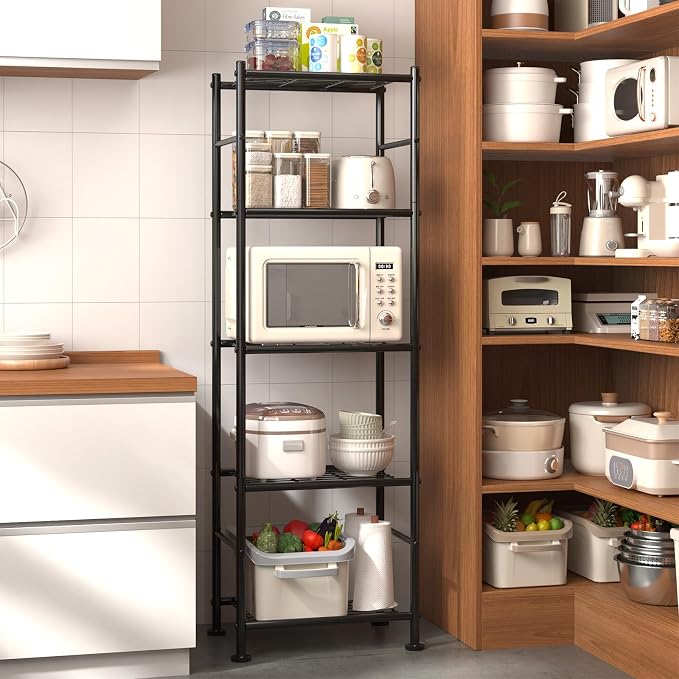 5-Tier Metal Storage Shelving Unit with Adjustable Leveling Feet, 46.5x32x145cm - Black-Zinamarket