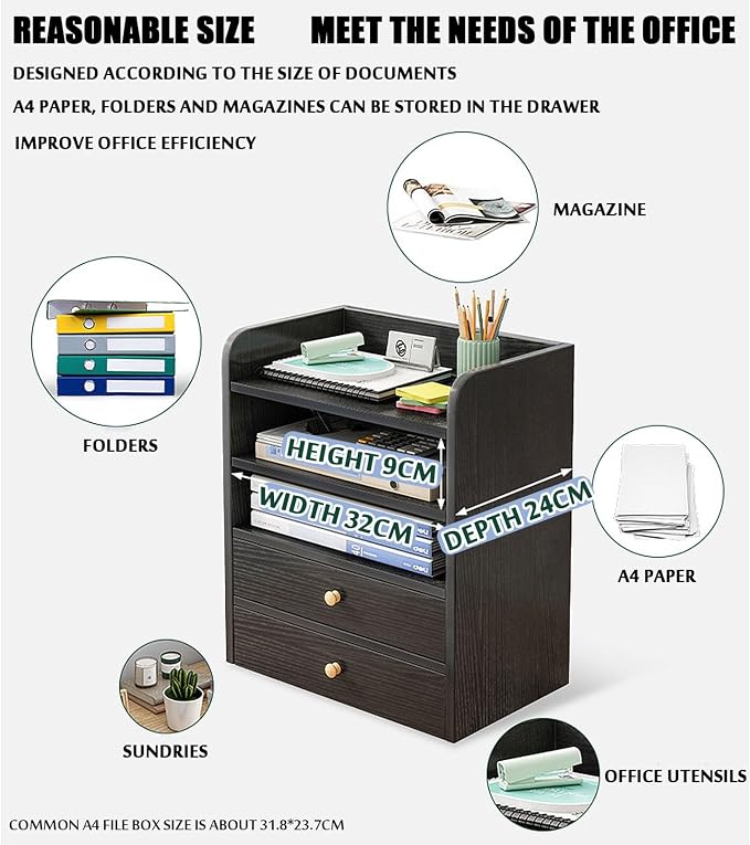 4-Tier Desktop Storage Organiser Shelf with File Drawers & Guardrails - Nero Black-Zinamarket