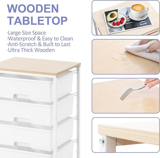 4-Drawer Rolling Storage Trolley Cart with Wooden Top & Lockable Wheels - White-Zinamarket