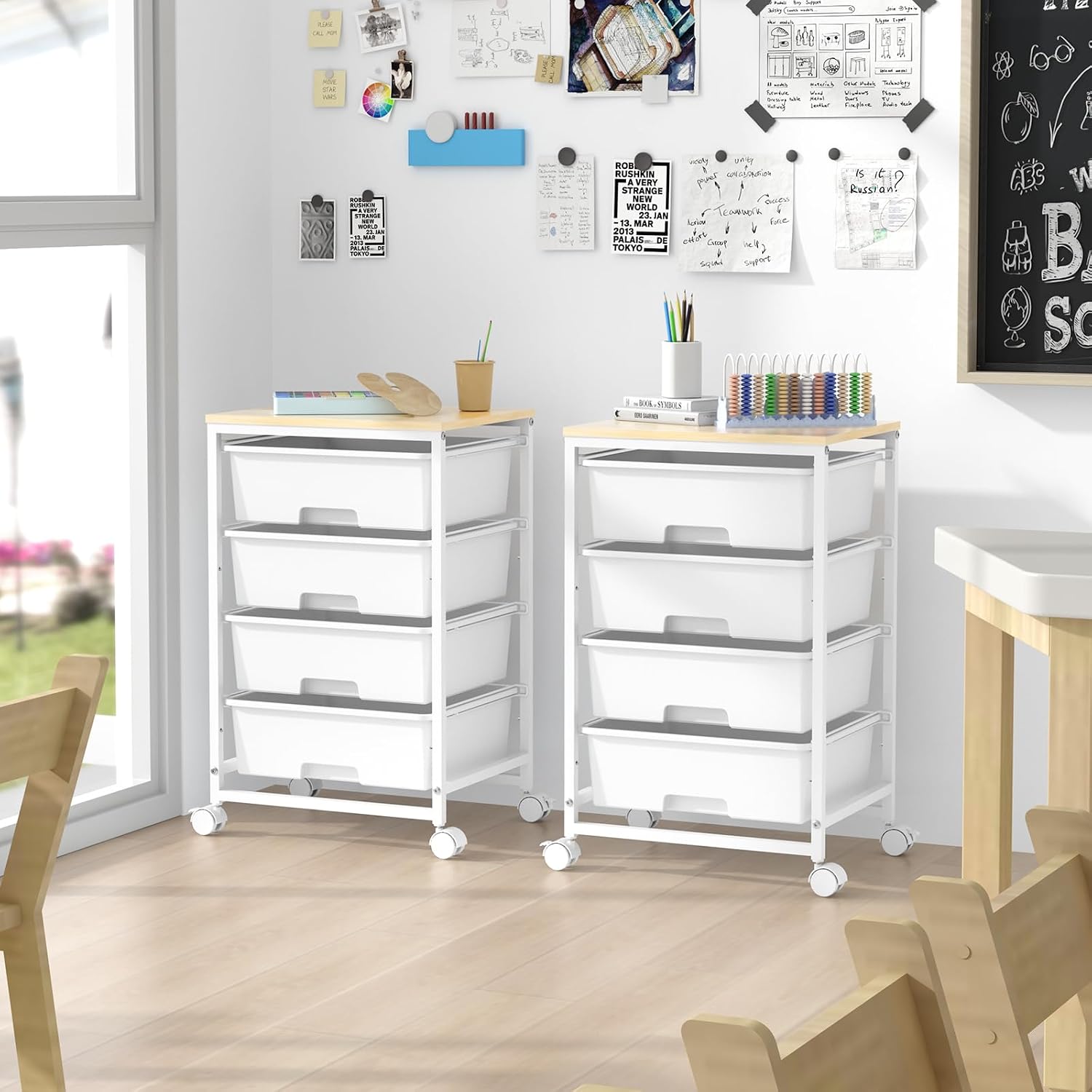 4-Drawer Rolling Storage Trolley Cart with Wooden Top & Lockable Wheels - White-Zinamarket