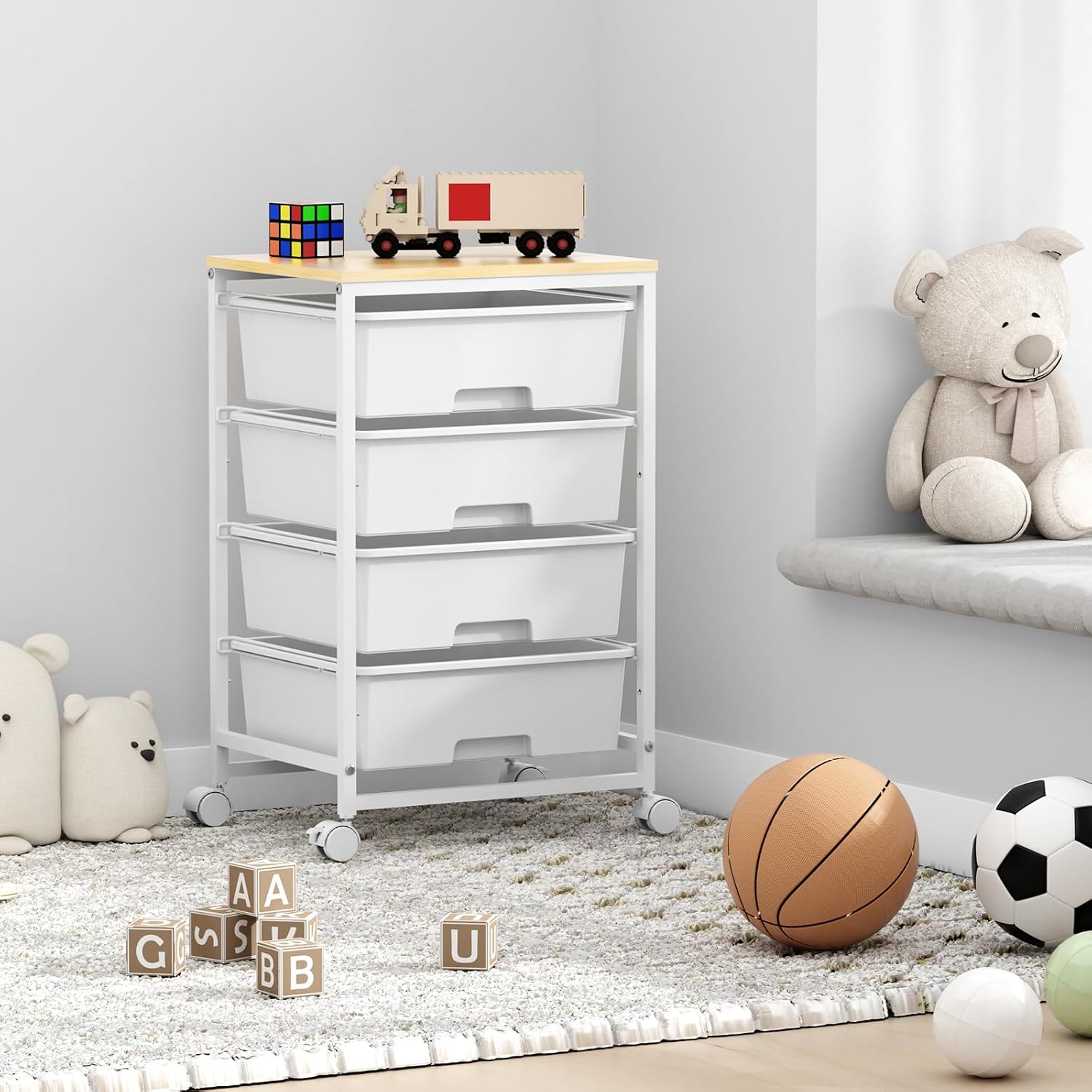 4-Drawer Rolling Storage Trolley Cart with Wooden Top & Lockable Wheels - White-Zinamarket