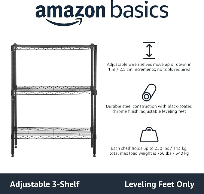 3-Tier Heavy Duty Steel Shelving Unit with Adjustable Shelves, 34x58.9x76.2cm - Black-Zinamarket
