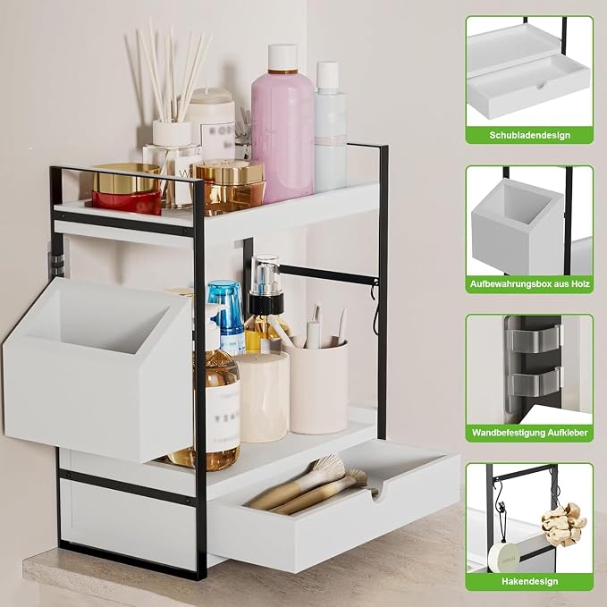 2-Tier Bathroom Countertop Organiser with Storage Drawer, Side Basket & Hooks - White-Zinamarket