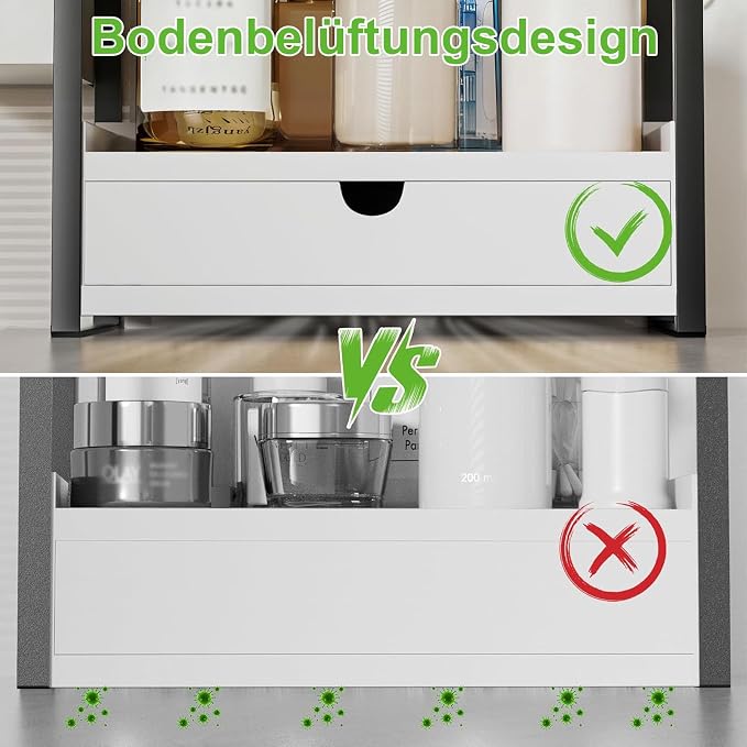 2-Tier Bathroom Countertop Organiser with Storage Drawer, Side Basket & Hooks - White-Zinamarket