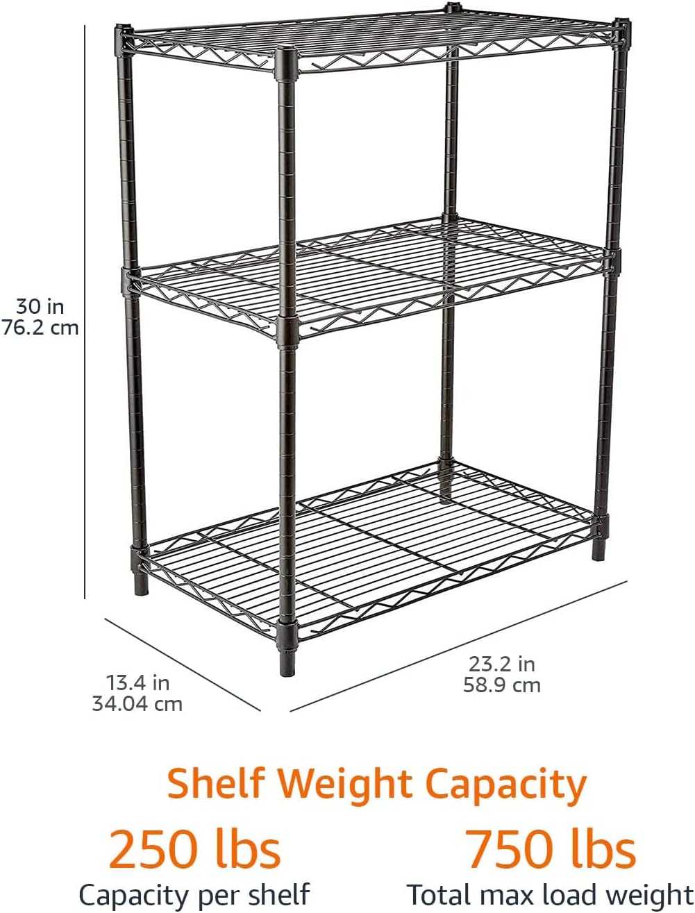 3-Tier Heavy Duty Steel Shelving Unit with Adjustable Shelves, 34x58.9x76.2cm - Black-Zinamarket