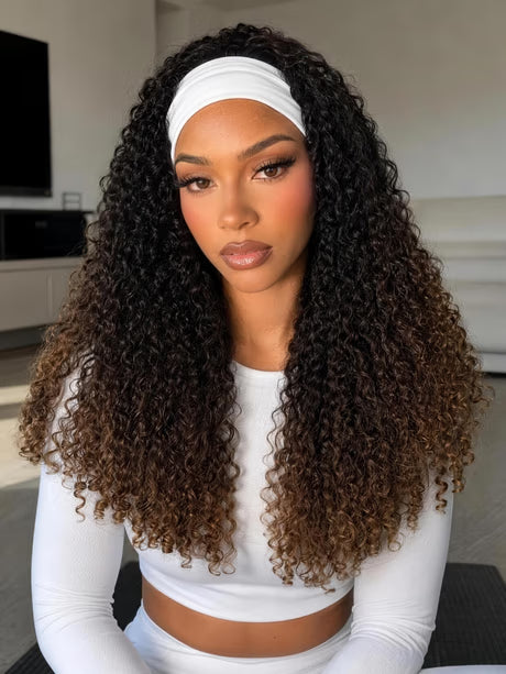 Richmond GB Hair Ombre Chestnut Brown Burmese Curly 2-in-1 Headband Wig Glueless Human Hair Wig with Invisi Drawstring - Multi-Angle View 3