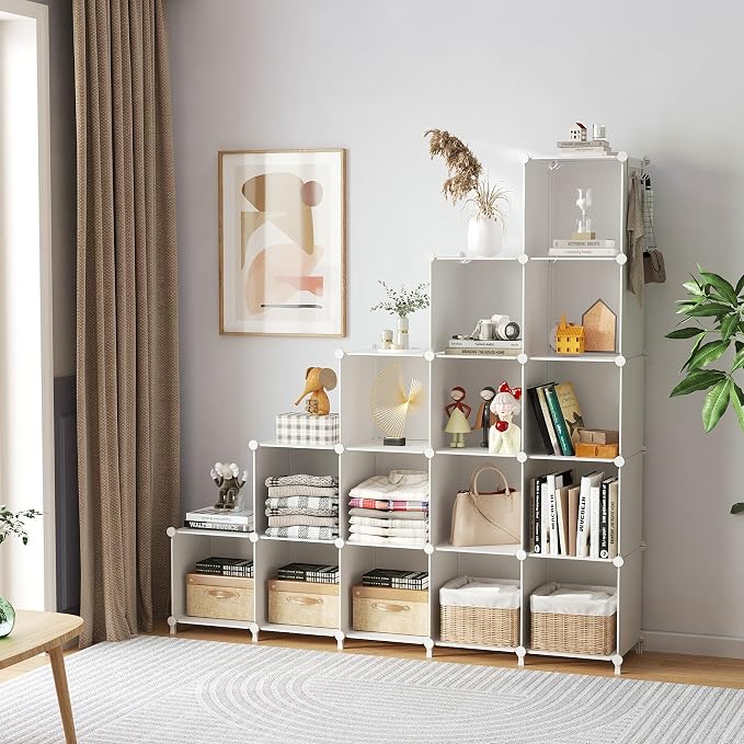 16-Cube Modular Storage Organiser with Polypropylene Panels & Metal Frame - White-Zinamarket