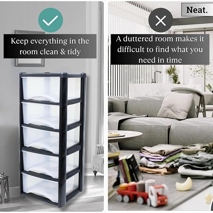 5-Tier Plastic Storage Drawer Tower with Clear Drawers, 100x39x39cm - Black & Clear-Zinamarket