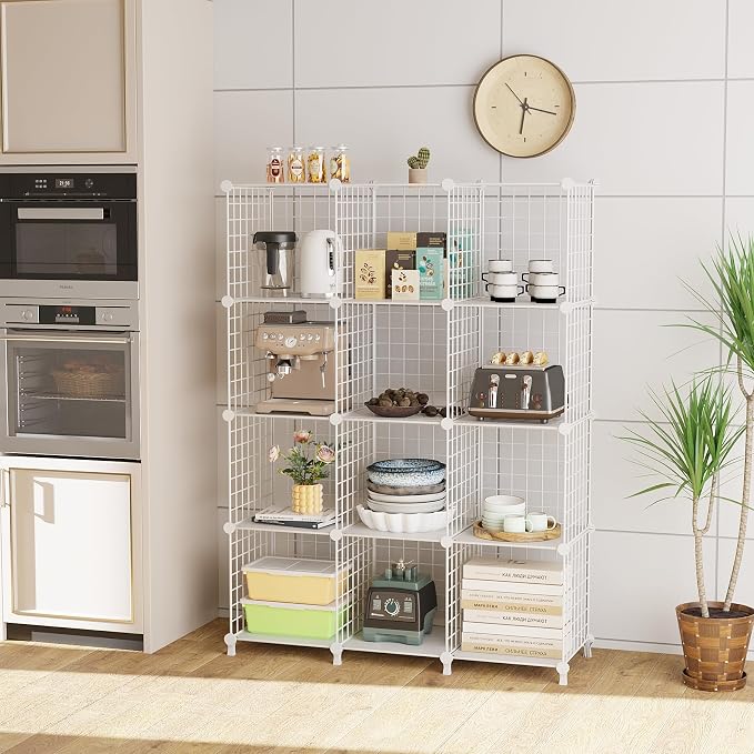 12-Cube Modular Metal Grid Storage Unit, DIY Stackable Wire Bookcase - White-Zinamarket
