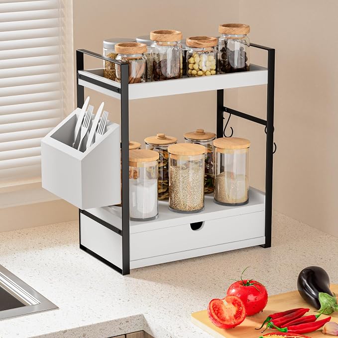 2-Tier Bathroom Countertop Organiser with Storage Drawer, Side Basket & Hooks - White-Zinamarket