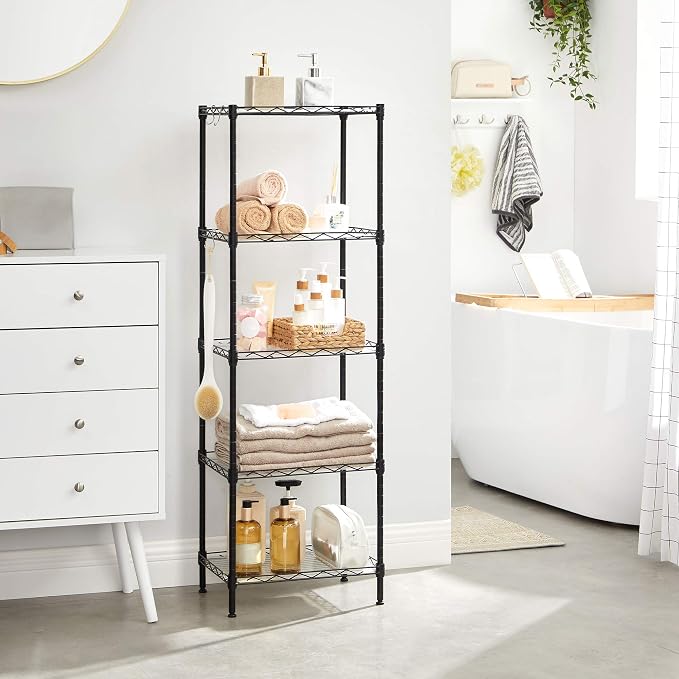 5-Tier Metal Wire Shelving Unit with 8 Side Hooks & PP Liners, 30x40x121cm - Black-Zinamarket