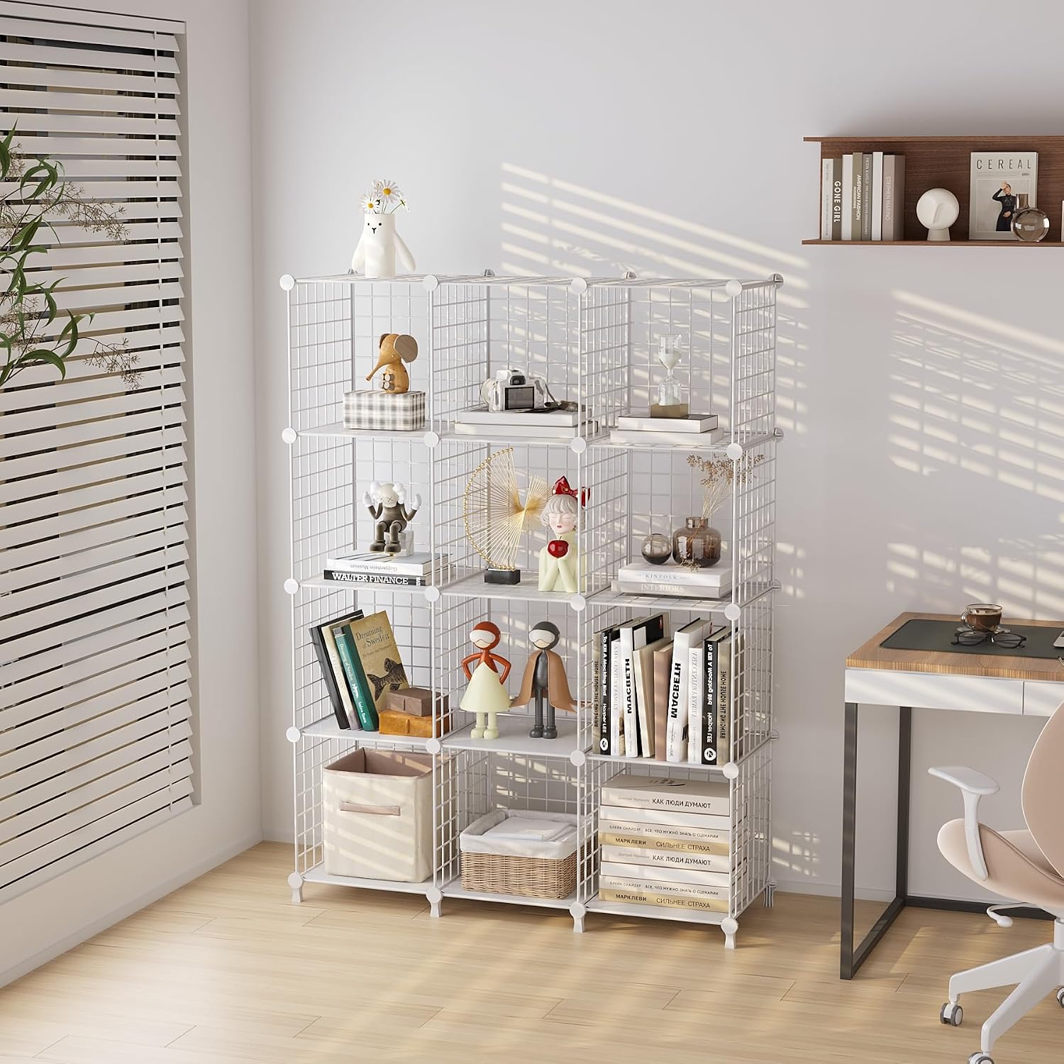 12-Cube Modular Metal Grid Storage Unit, DIY Stackable Wire Bookcase - White-Zinamarket