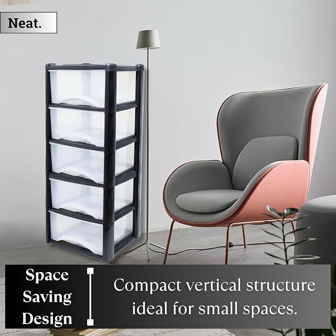 5-Tier Plastic Storage Drawer Tower with Clear Drawers, 100x39x39cm - Black & Clear-Zinamarket