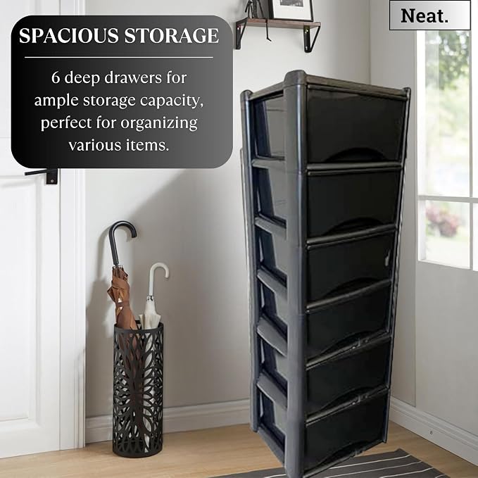 6-Tier Tall Plastic Storage Drawer Unit with Clear Drawers, 120x39x39cm - Black-Zinamarket