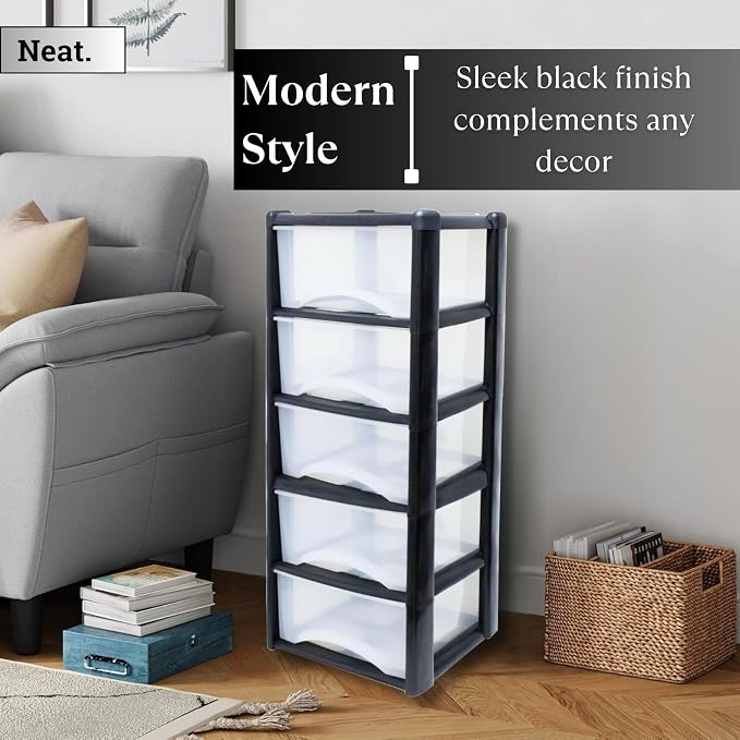 5-Tier Plastic Storage Drawer Tower with Clear Drawers, 100x39x39cm - Black & Clear-Zinamarket