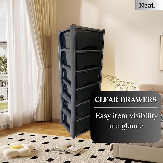 6-Tier Tall Plastic Storage Drawer Unit with Clear Drawers, 120x39x39cm - Black-Zinamarket
