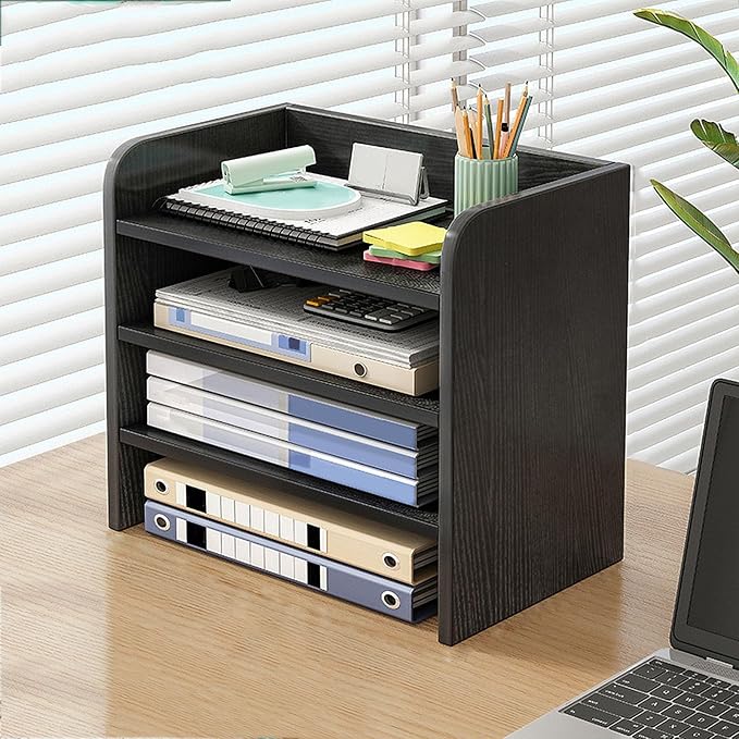 4-Tier Desktop Storage Organiser Shelf with File Drawers & Guardrails - Nero Black-Zinamarket