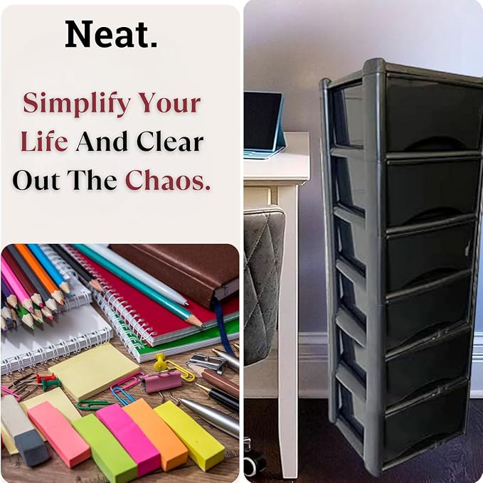 6-Tier Tall Plastic Storage Drawer Unit with Clear Drawers, 120x39x39cm - Black-Zinamarket