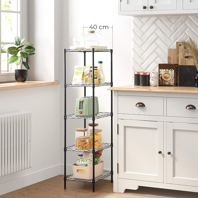 5-Tier Metal Wire Shelving Unit with 8 Side Hooks & PP Liners, 30x40x121cm - Black-Zinamarket
