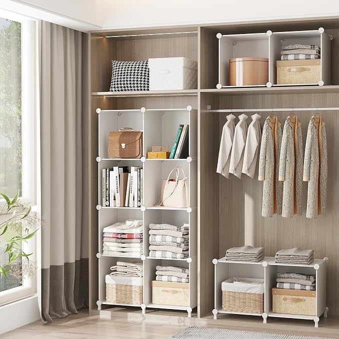 16-Cube Modular Storage Organiser with Polypropylene Panels & Metal Frame - White-Zinamarket