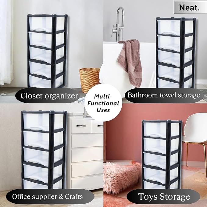 5-Tier Plastic Storage Drawer Tower with Clear Drawers, 100x39x39cm - Black & Clear-Zinamarket