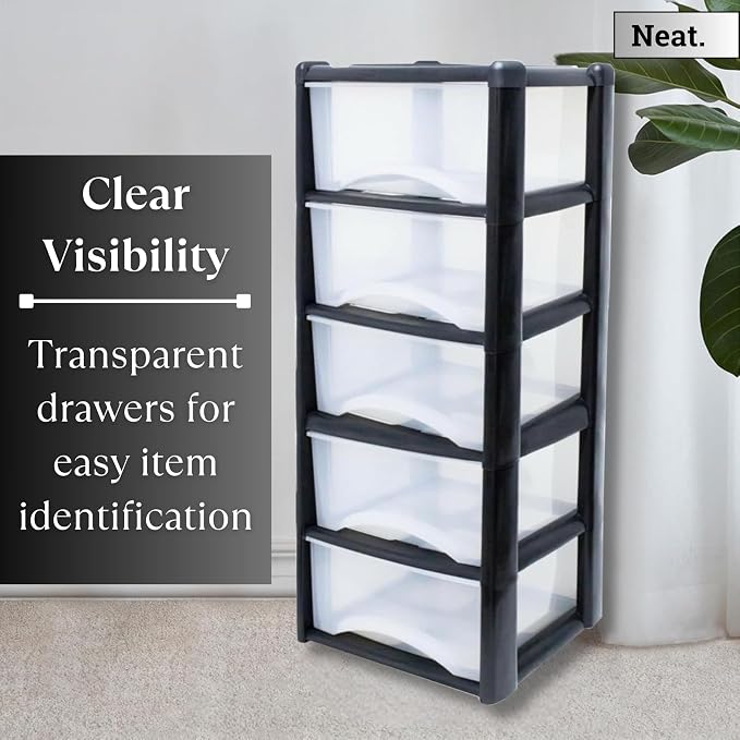 5-Tier Plastic Storage Drawer Tower with Clear Drawers, 100x39x39cm - Black & Clear-Zinamarket