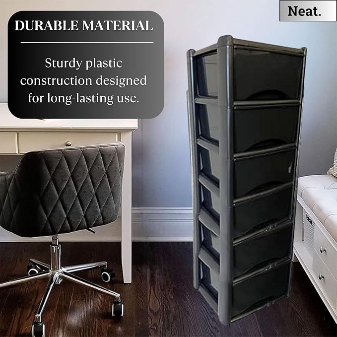 6-Tier Tall Plastic Storage Drawer Unit with Clear Drawers, 120x39x39cm - Black-Zinamarket