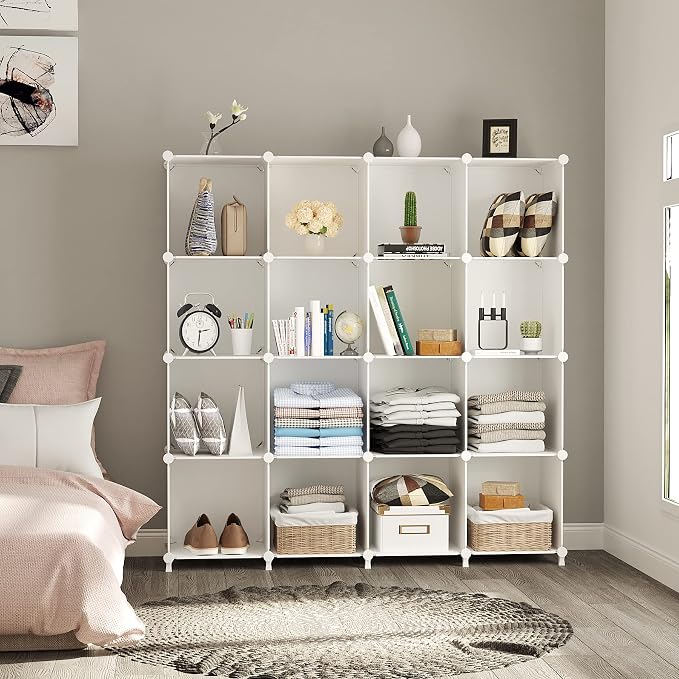 16-Cube Modular Storage Organiser with Polypropylene Panels & Metal Frame - White-Zinamarket
