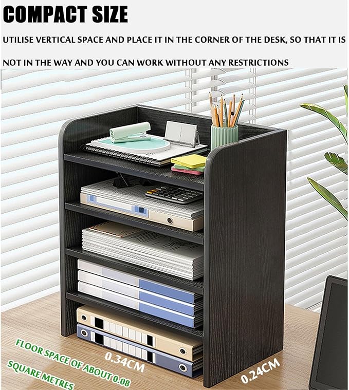 4-Tier Desktop Storage Organiser Shelf with File Drawers & Guardrails - Nero Black-Zinamarket