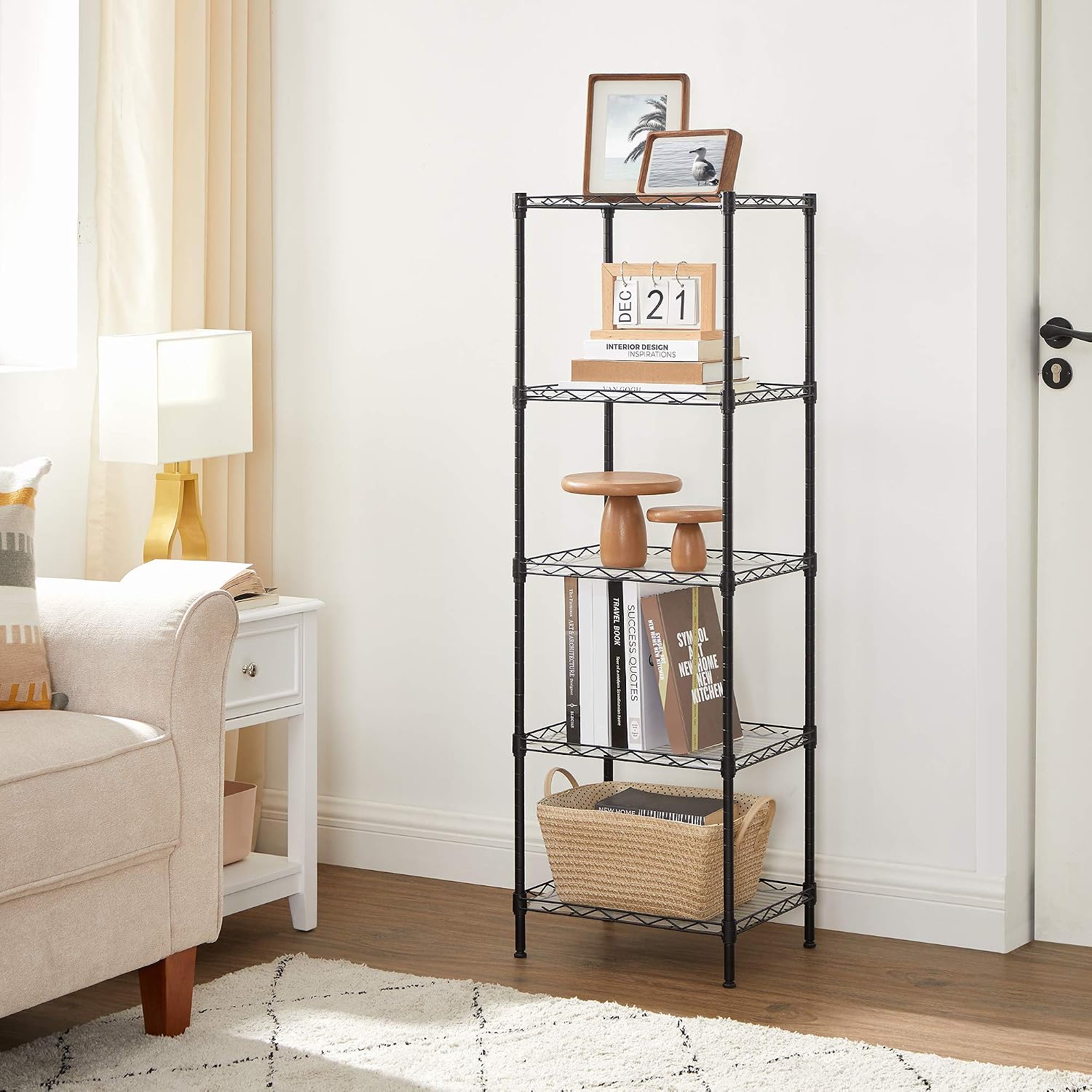 5-Tier Metal Wire Shelving Unit with 8 Side Hooks & PP Liners, 30x40x121cm - Black-Zinamarket