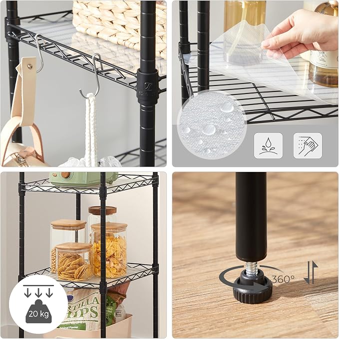 5-Tier Metal Wire Shelving Unit with 8 Side Hooks & PP Liners, 30x40x121cm - Black-Zinamarket