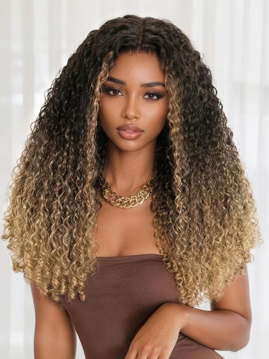 Richmond GB Hair 7x5 No Slip Glueless Lace Human Hair Wig Dark Root Honey Blonde Ombre Burmese Curly with Finger Coil Ends Wig - Front View
