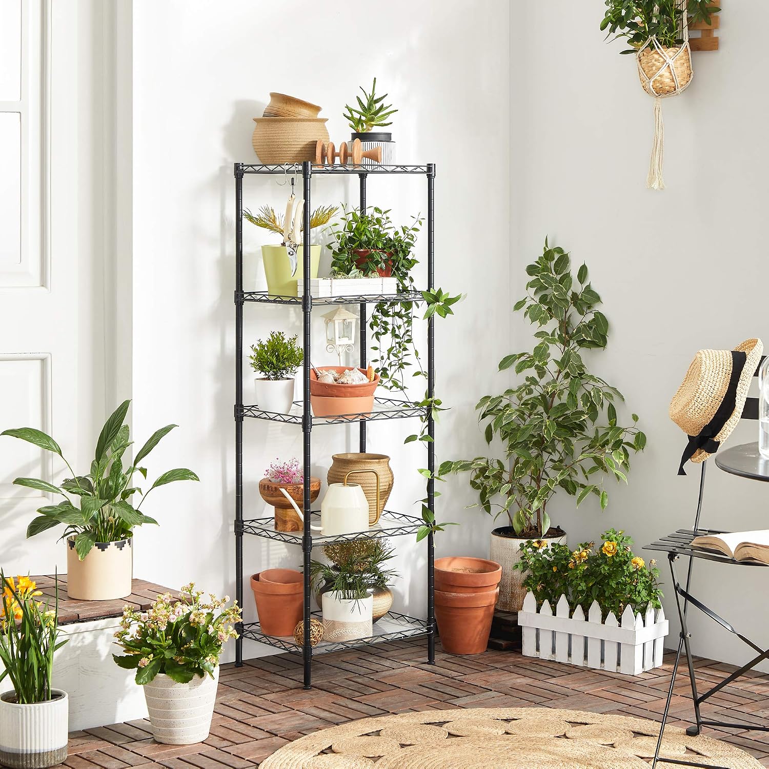 5-Tier Metal Wire Shelving Unit with 8 Side Hooks & PP Liners, 30x40x121cm - Black-Zinamarket