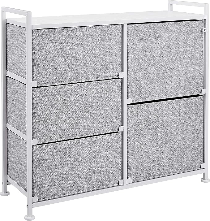 5-Drawer Fabric Storage Tower with Wooden Top & Steel Frame, Closet Chest - White-Zinamarket