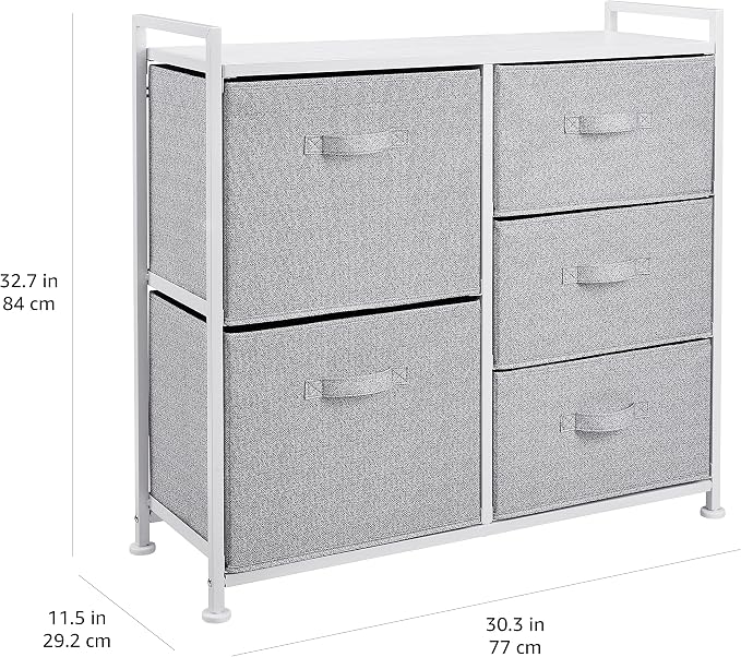 5-Drawer Fabric Storage Tower with Wooden Top & Steel Frame, Closet Chest - White-Zinamarket