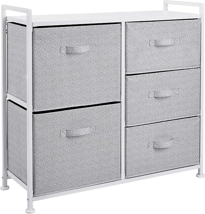 5-Drawer Fabric Storage Tower with Wooden Top & Steel Frame, Closet Chest - White-Zinamarket