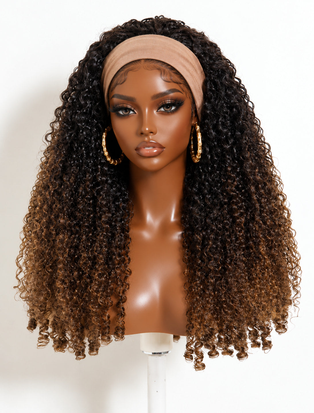 Richmond GB Hair Ombre Chestnut Brown Burmese Curly 2-in-1 Headband Wig Glueless Human Hair Wig with Invisi Drawstring - Multi-Angle View 2
