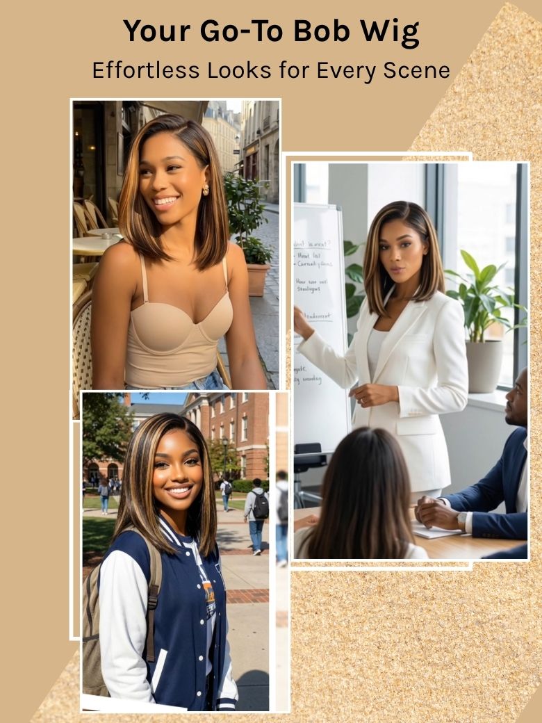 Richmond GB Hair 7x5 No Slip Glueless Lace Wig Golden Brown Highlight Yaki Straight Bob Wig with Invisi Drawstring - Multi-Angle View 3