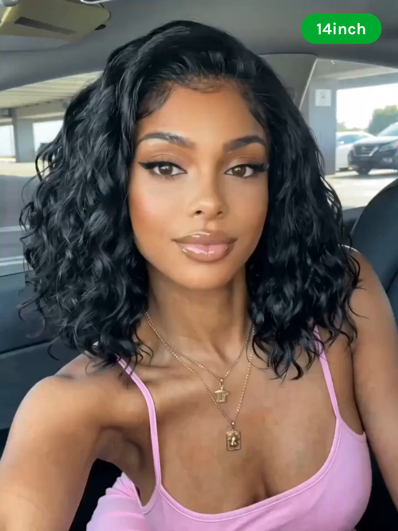 Richmond GB Hair 6x4 Lace Closure 220% Density Put On& Go Water Wave Short Wavy Bob Wig Glueless Lace Wig - Front View