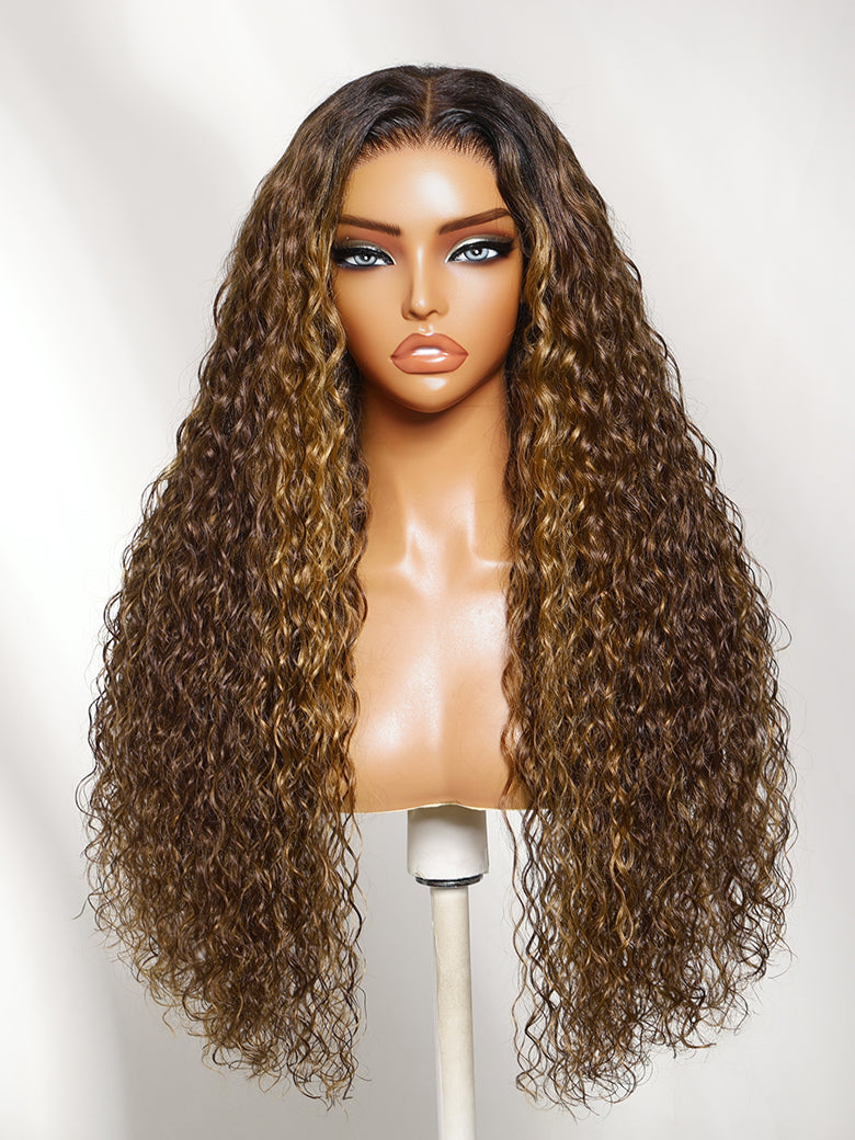 Richmond GB Hair 7x5 No Slip Glueless Lace Brown With Honey Blonde Highlights Water Wave Wig - Multi-Angle View 3