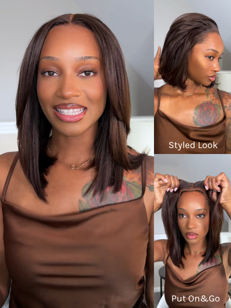 Richmond GB Hair 7×5 Glueless Lace Dark Chocolate Brown Side Part Yaki Straight Bob Bye-Bye Knots Wig with Invisi Drawstring - Front View
