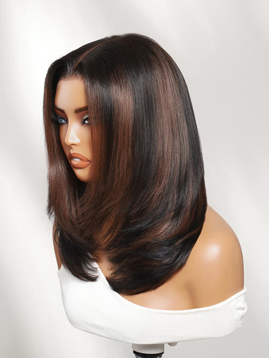 Richmond GB Hair 7x5 No-Slip Glueless Lace Wig Brown Highlight Sleek Straight Bob Wig with Face Framing Layers - Multi-Angle View 3