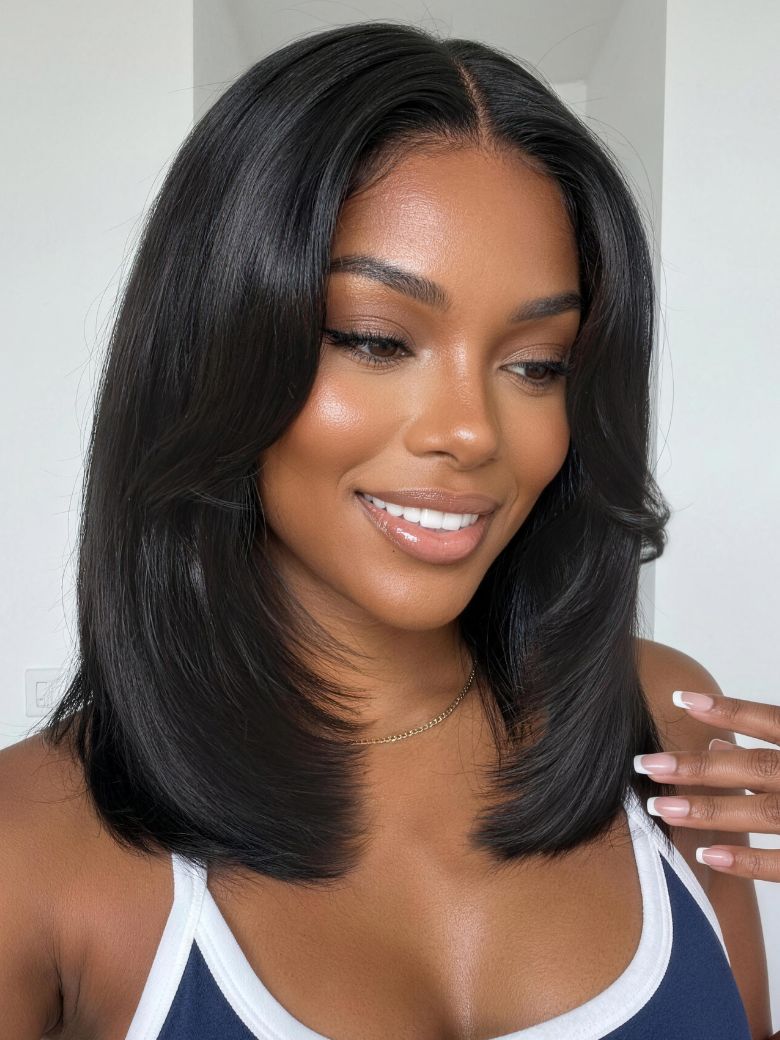 Richmond GB Hair Klaiyi 7x5 No-Slip Glueless Lace Wig 90s Blowout Layered Bob with Curtain Bangs & Face-Framing Layers Human Hair Wig - Front View