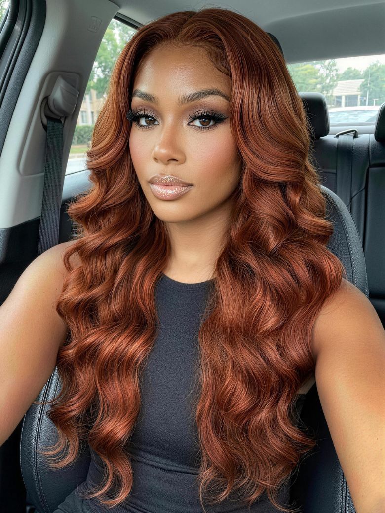 Richmond GB Hair Copper Brown Body Wave Wig 7x5 No-Slip Glueless Lace Human Hair Wig with Invisi Drawstring - Front View